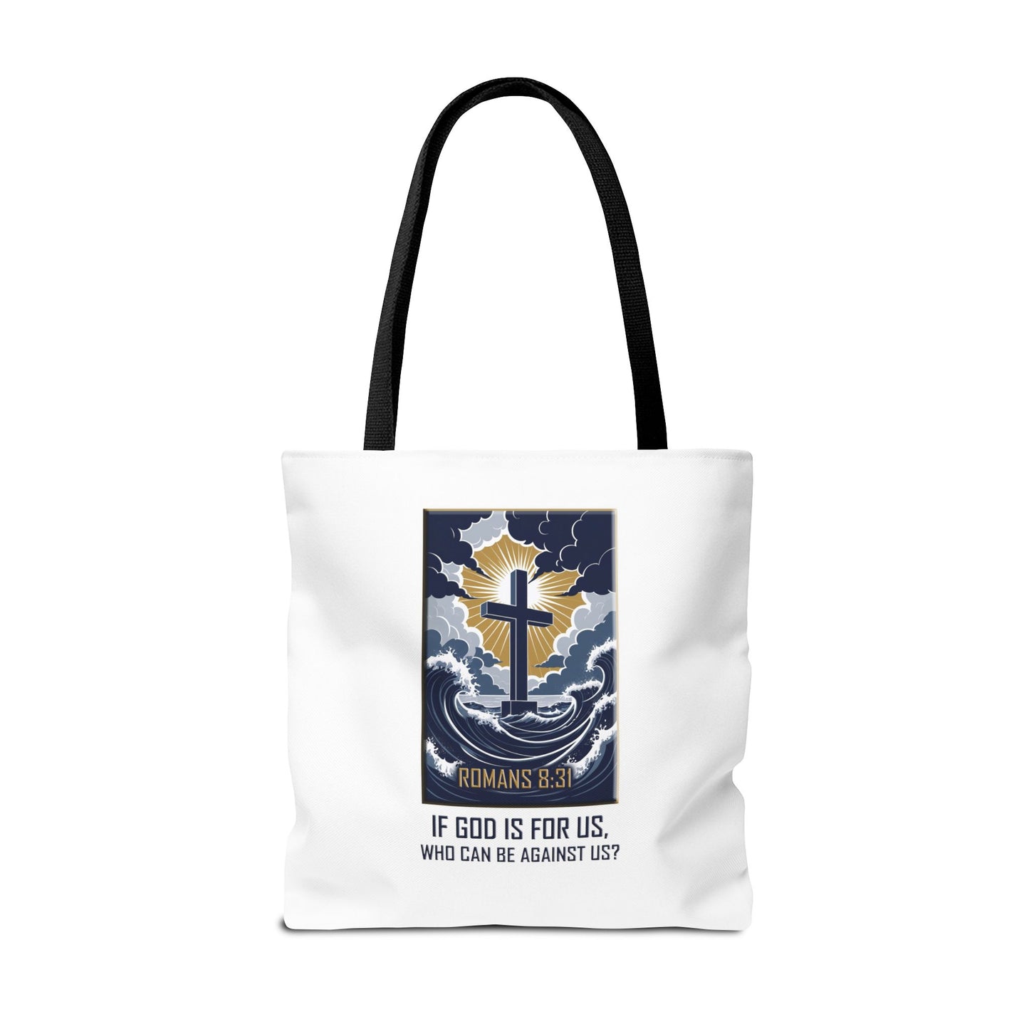 Declaring Your Destiny Blue and Gold logo/ Romans 8:31 Christian Tote bag