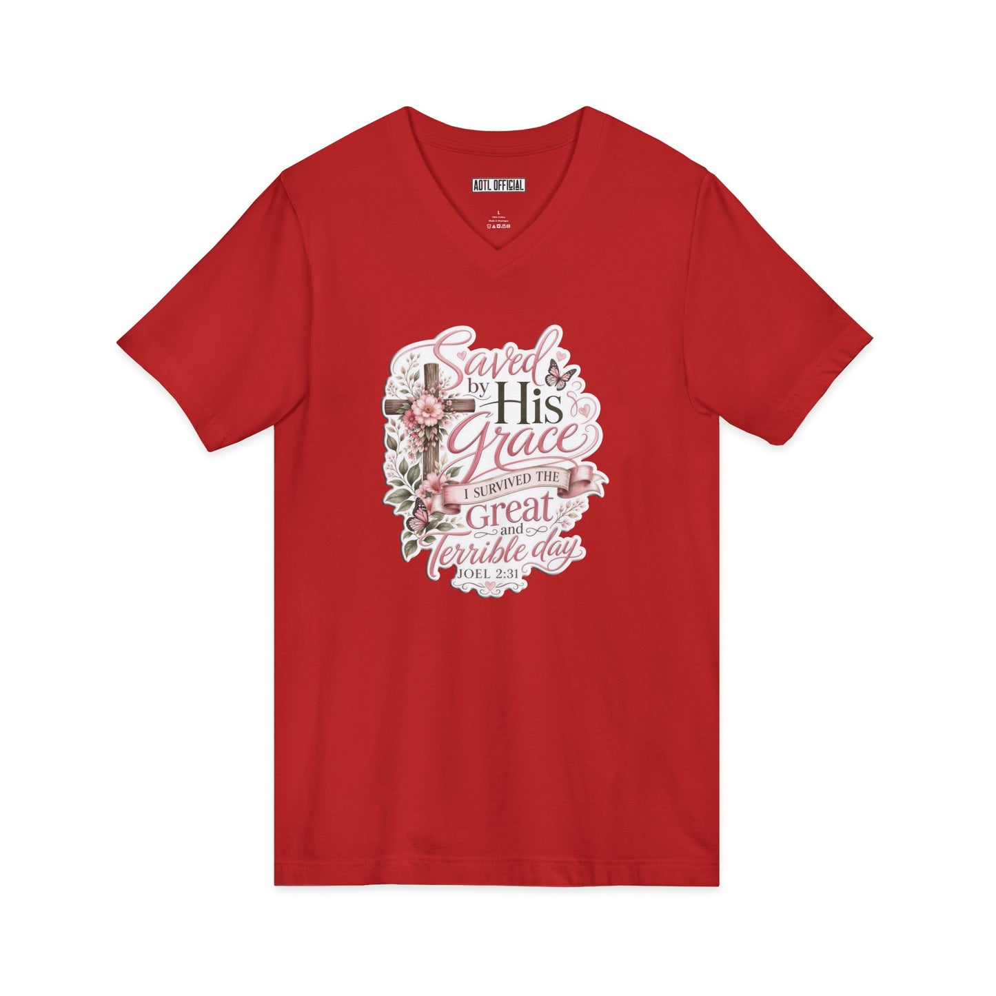 Grace in Bloom – I Survived the Great and Terrible Day (Joel 2:31) V-Neck Tee