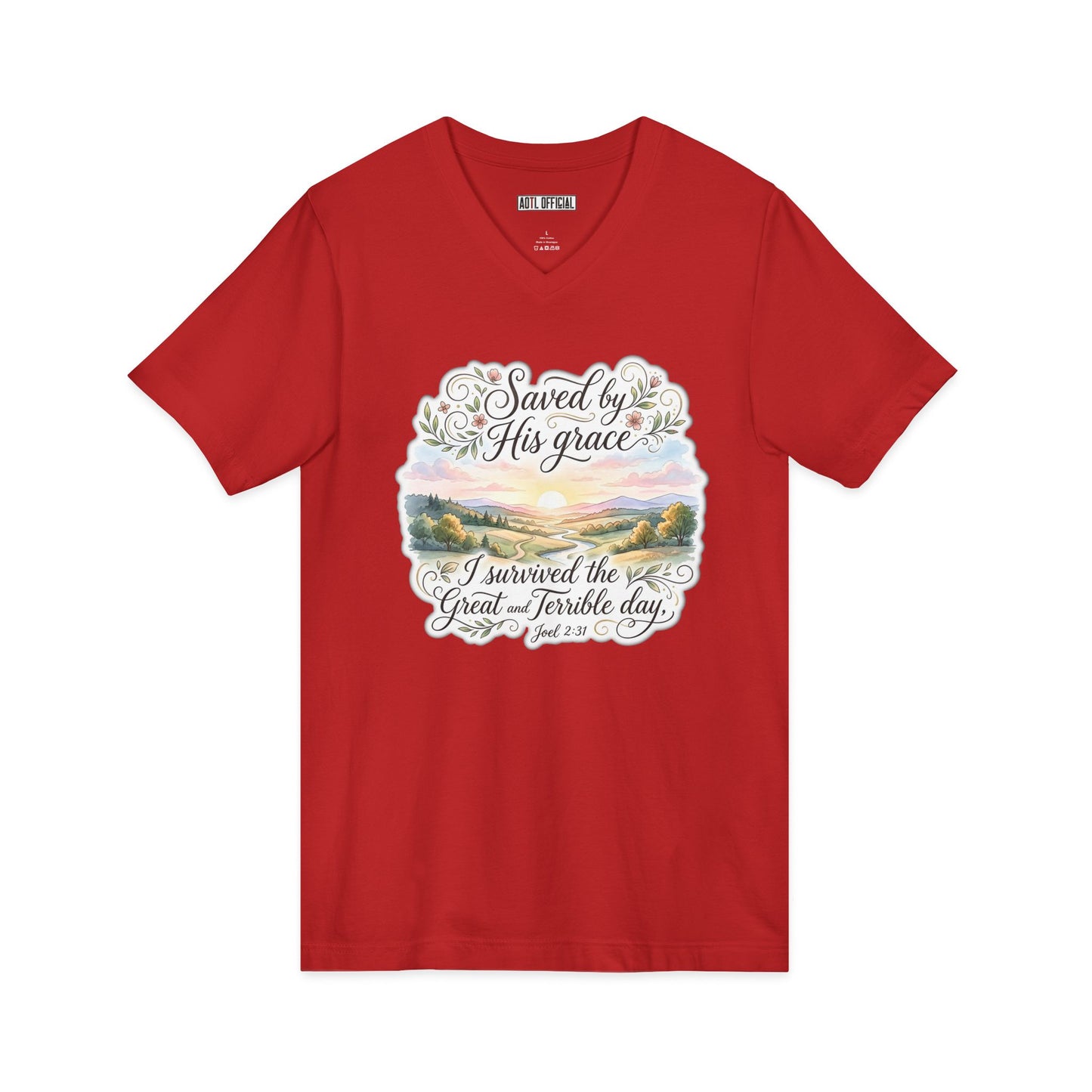 Grace Beyond the Horizon – I Survived the Great and Terrible Day (Joel 2:31) V-Neck Tee