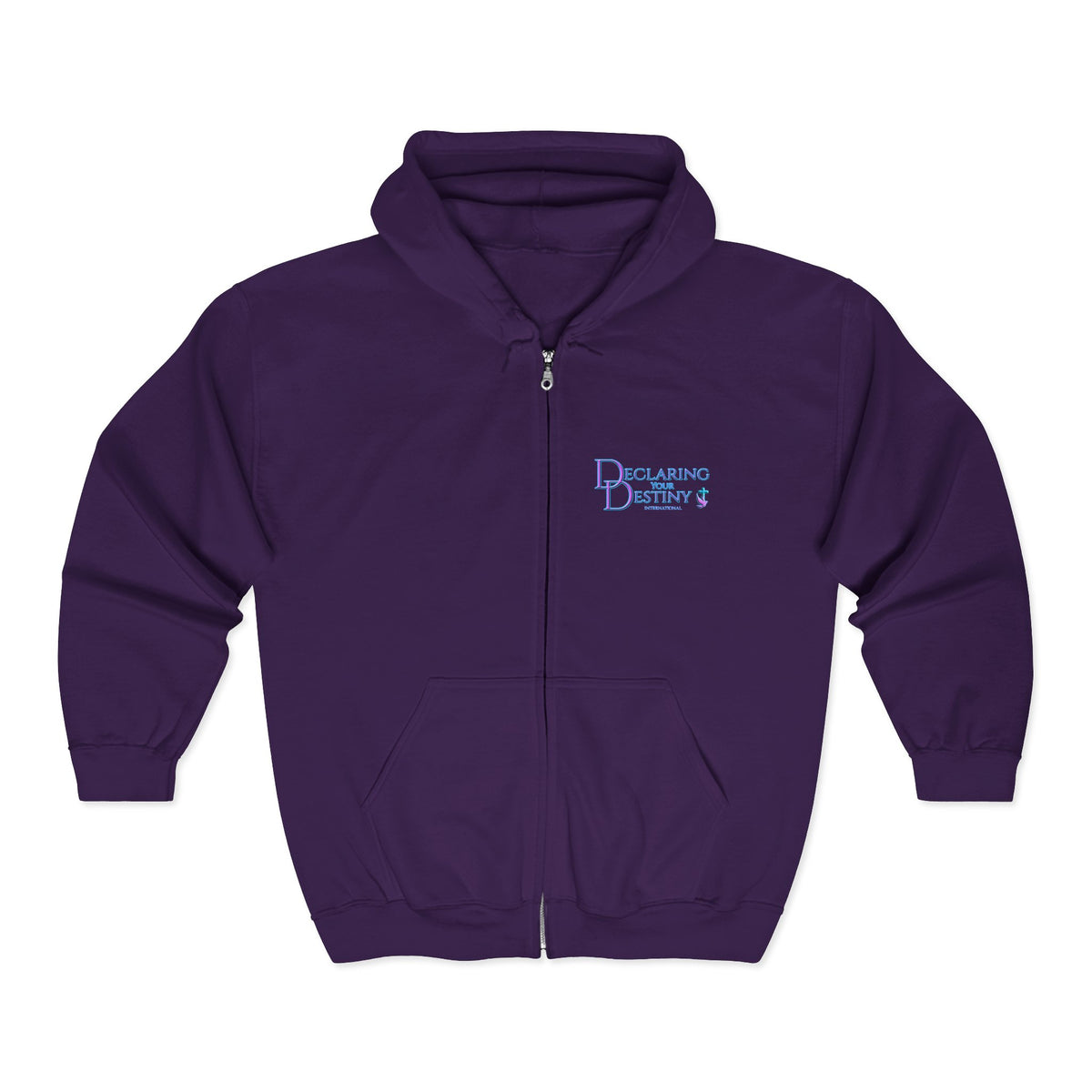 DYD 2 Sided Full-Zip Sweatshirt featuring the Purple/Teal Declaring Your Destiny logo