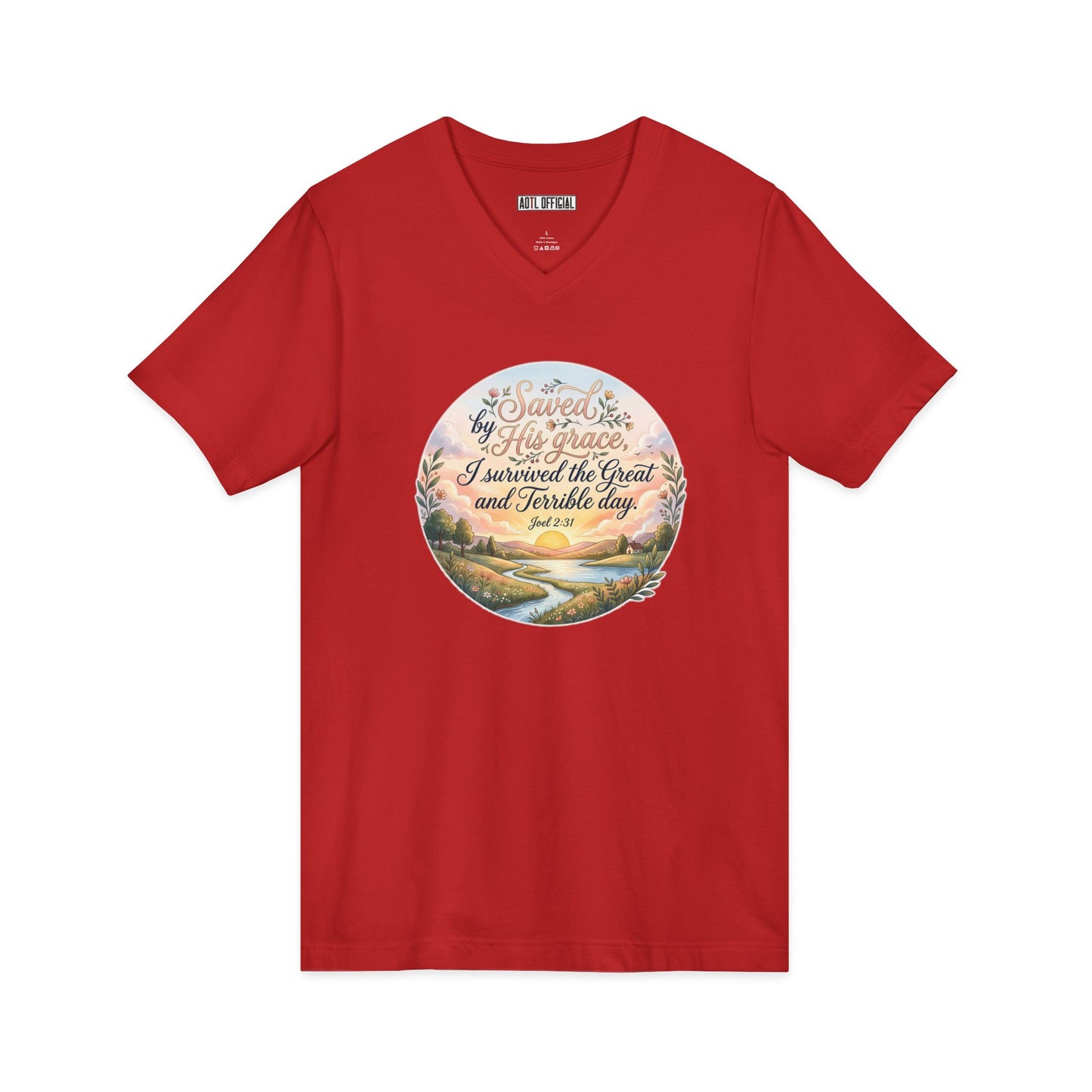 Dawn of Grace – I Survived the Great and Terrible Day (Joel 2:31) V-Neck Tee