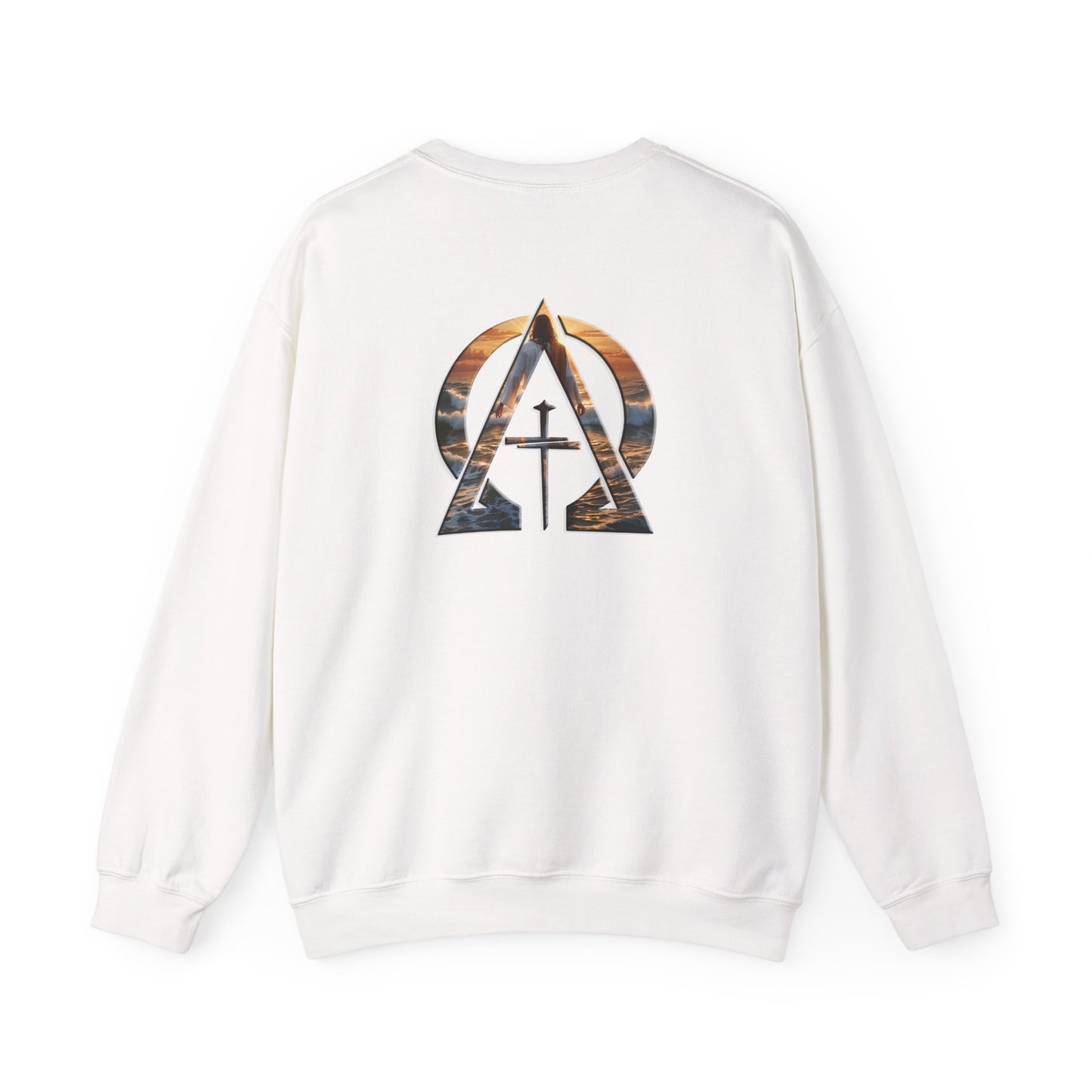 Declaring Your Destiny Blue & Gold Logo/ Alpha & Omega Jesus walking On Water Unisex Heavy Blend™ Crewneck Sweatshirt