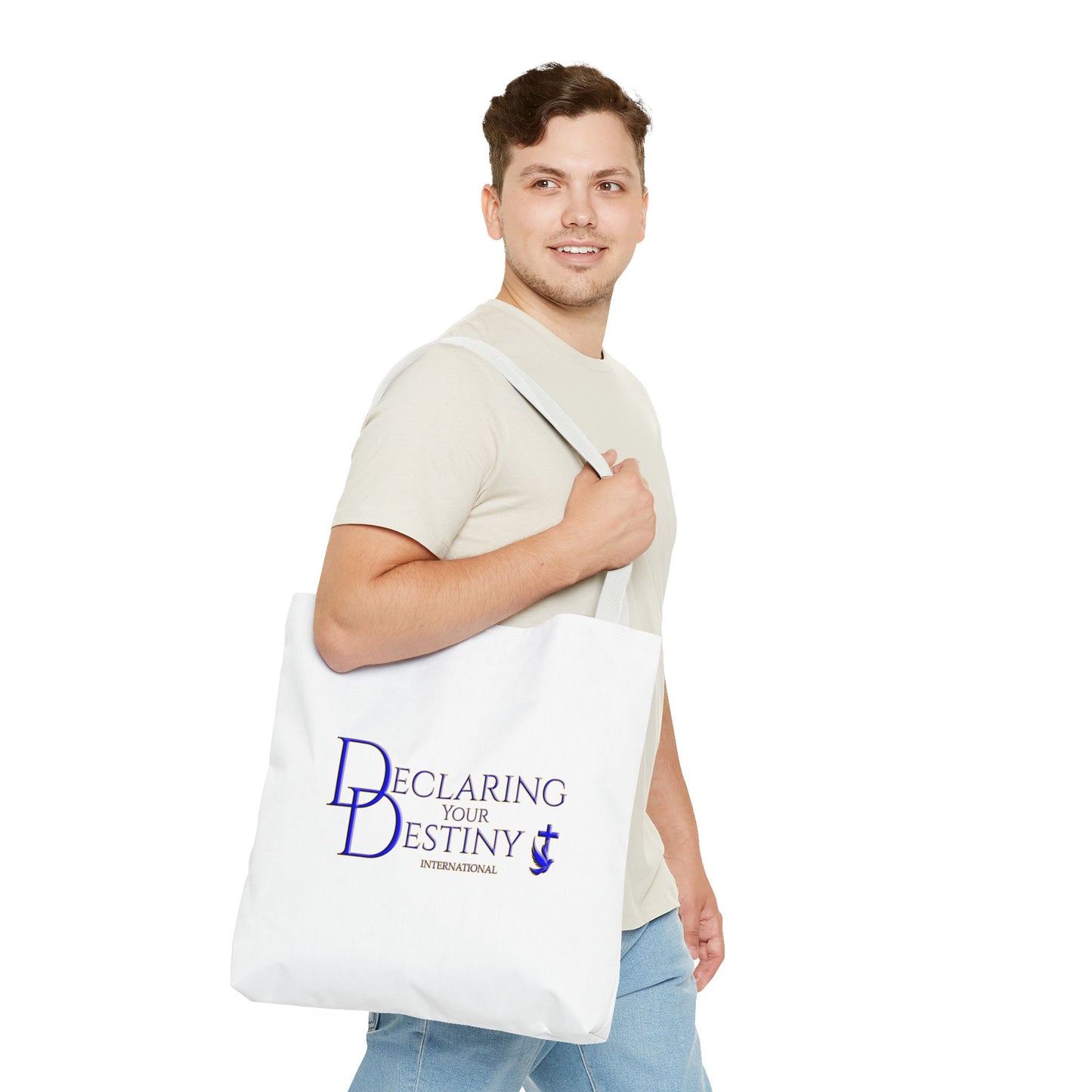 Declaring Your Destiny Blue and Gold logo/ Philippians 4:13 Christian Tote bag