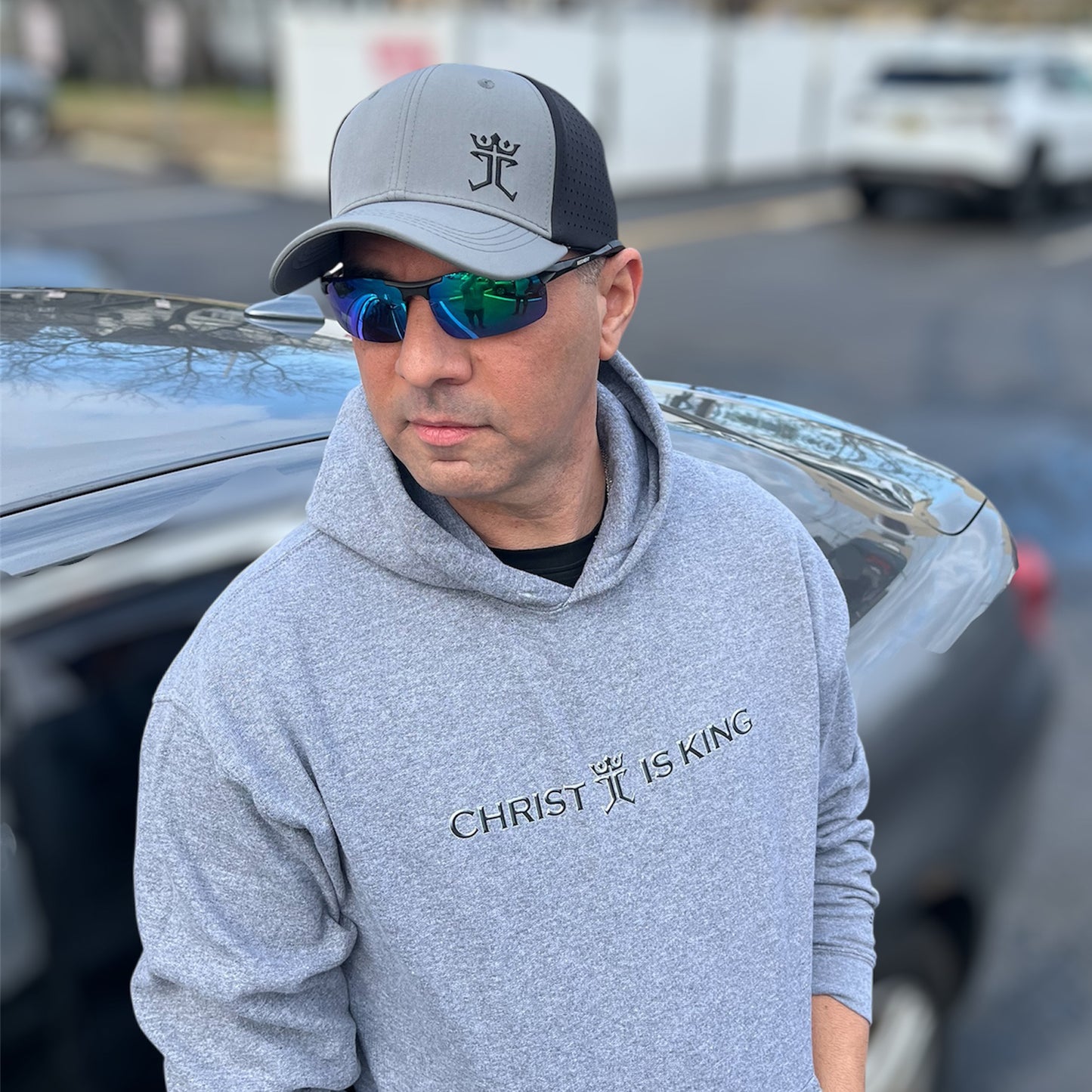 Jesus Christ is King Premium Embroidered cap in Grey/Black