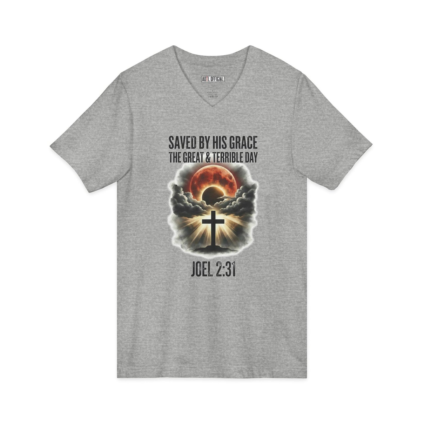 Saved by His Grace – The Great and Terrible Day (Joel 2:31) V-Neck Tee