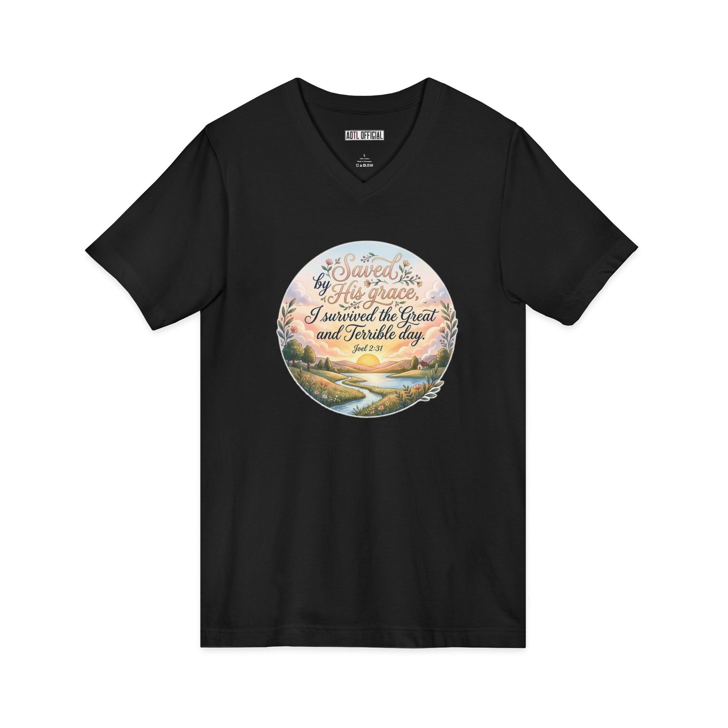 Dawn of Grace – I Survived the Great and Terrible Day (Joel 2:31) V-Neck Tee