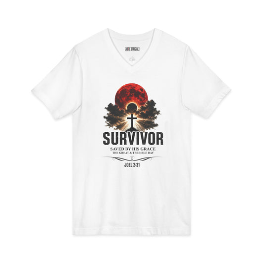 Survivor – Saved by His Grace (Joel 2:31)  V-Neck Tee
