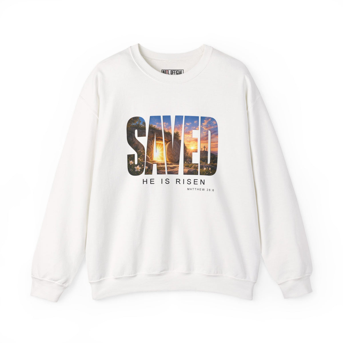 Saved-He Is Risen Christian Sweatshirt. Celebrate the hope of the resurrection with an empty tomb, golden sunrise, and bold “SAVED” lettering.