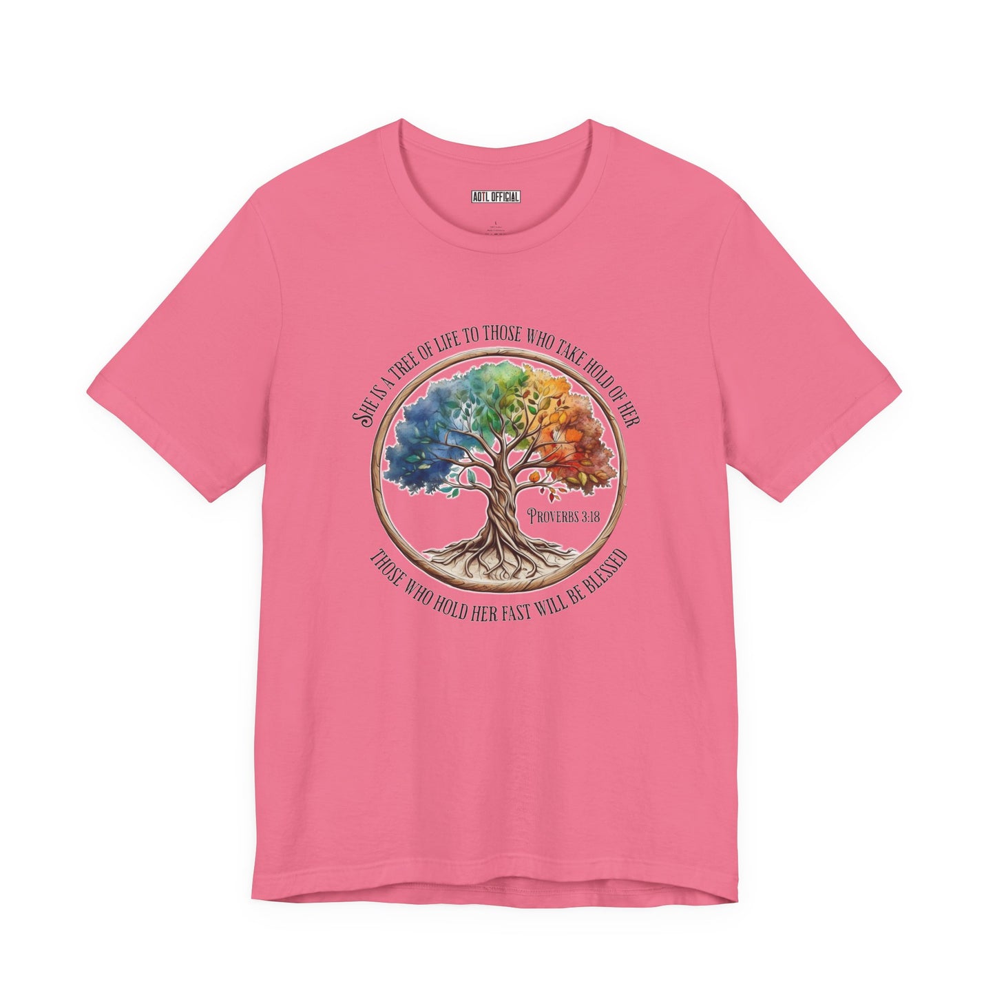 Colorful Tree Of Life featuring Proverbs 3:18  Unisex Short Sleeve Tee