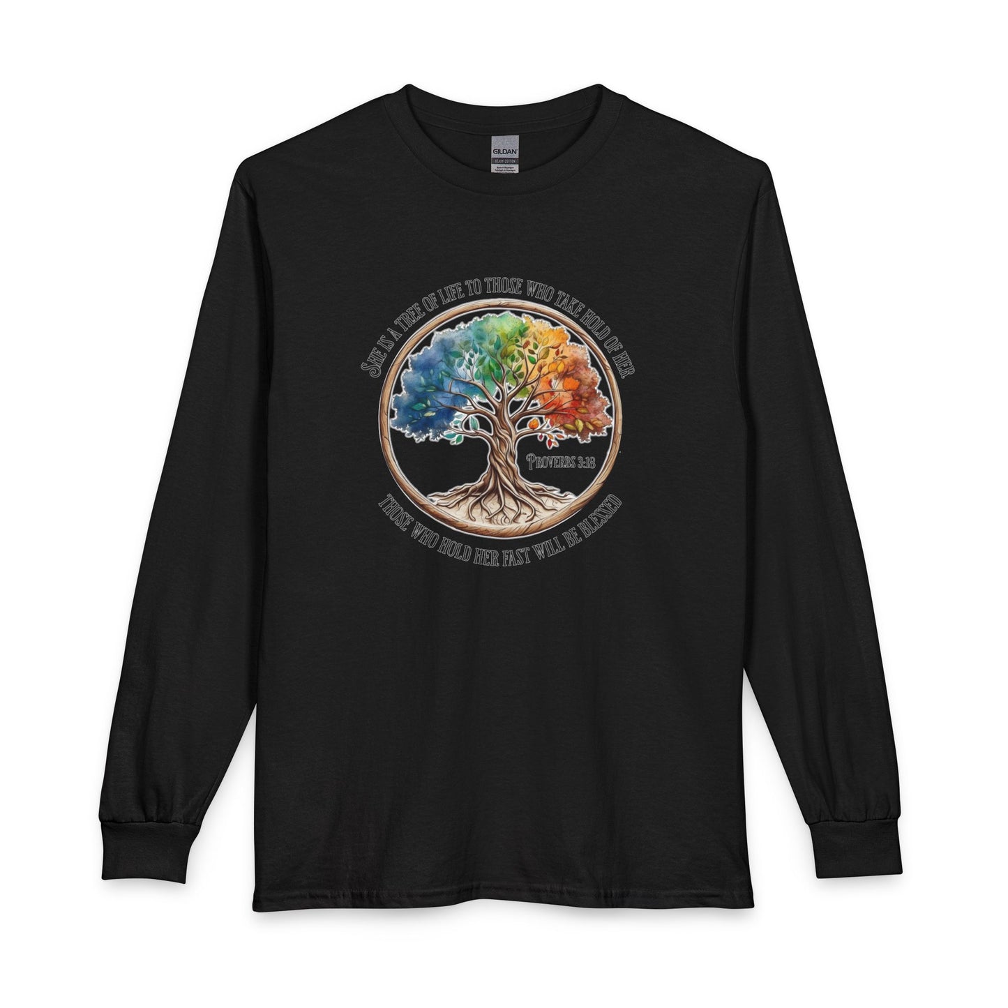 Colorful Tree Of Life featuring Proverbs 3:18 Christian Long Sleeve Shirt
