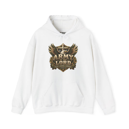 Army of the Lord — Faith, Honor & Courage Christian Hoodie. A powerful eagle, gold cross, and olive-toned shield create a bold emblem of faith.