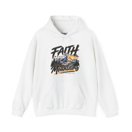 Shop the Faith Moves Mountains Christian Hoodie. Inspired by Matthew 17:20, is a powerful reminder that faith as a mustard seed can accomplish the impossible. 
