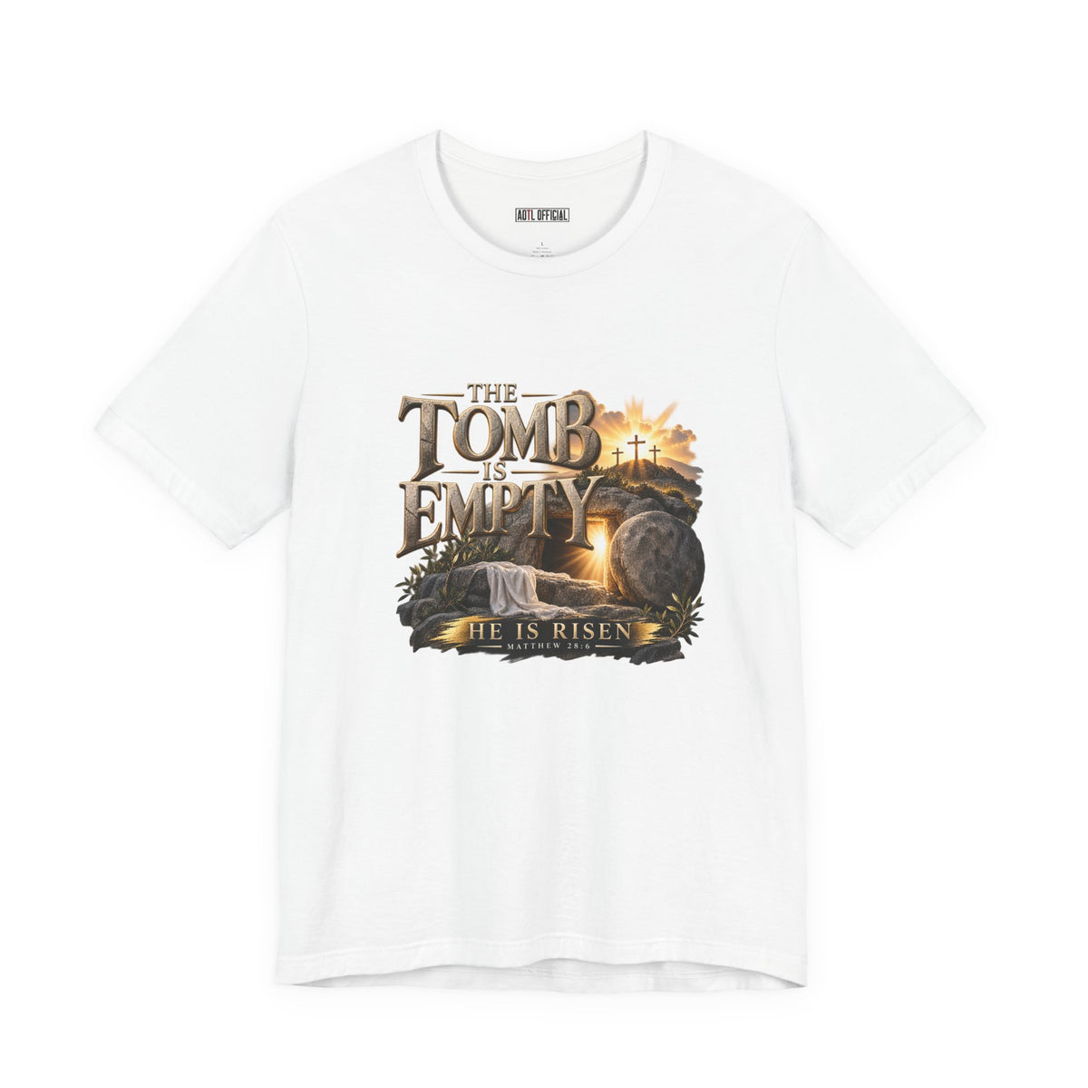 Shop The Tomb Is Empty — Matthew 28:6 Christian T-shirt.