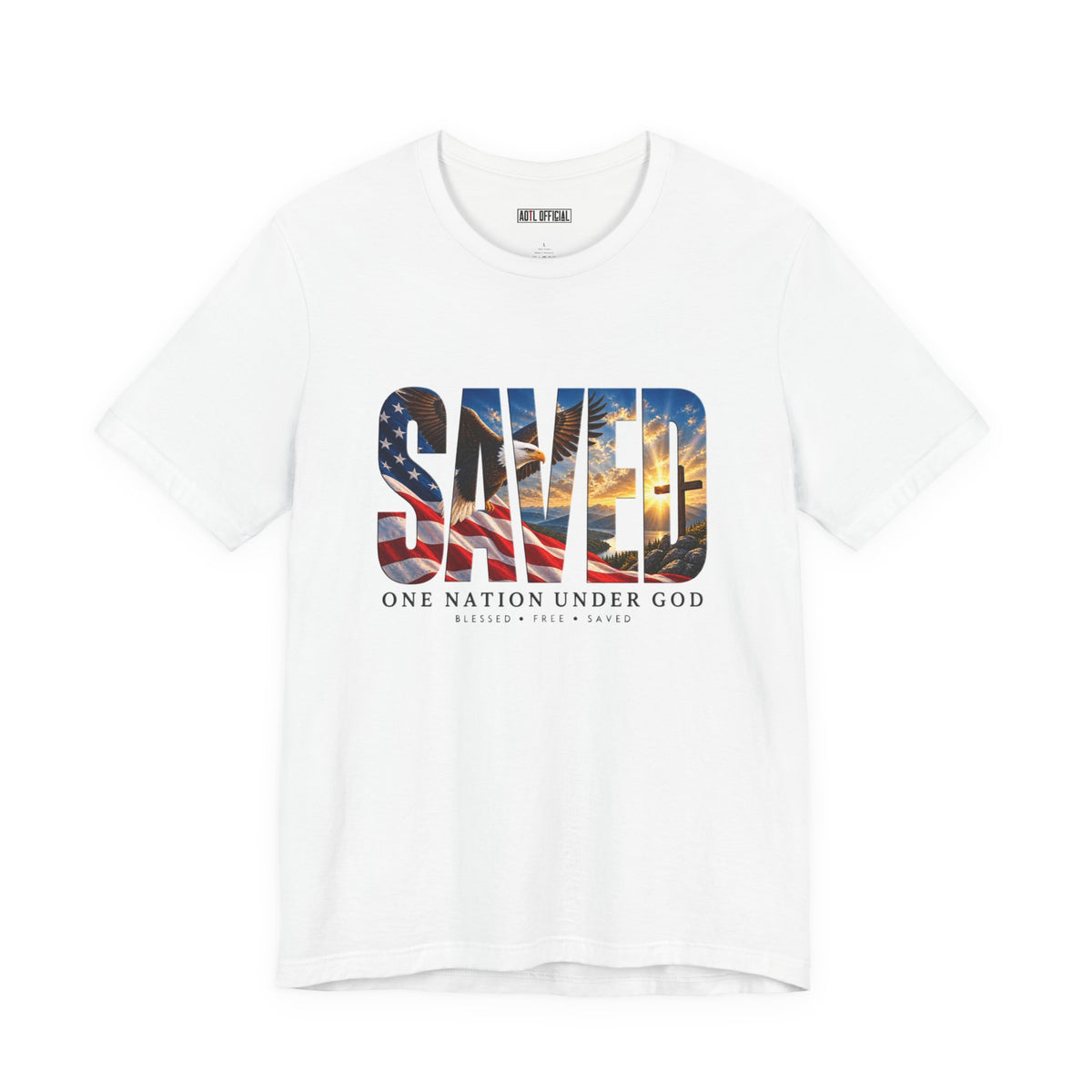 Saved-One Nation Under God Christian T-shirt. A bold statement of gratitude for a life blessed, free, and saved. 