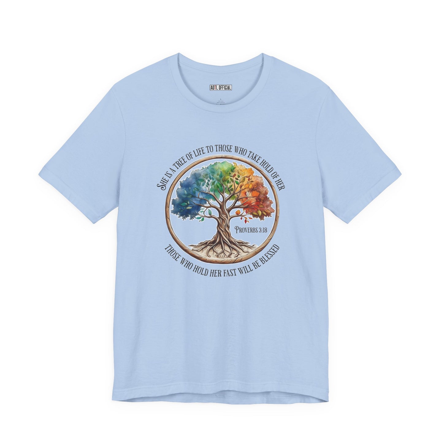 Colorful Tree Of Life featuring Proverbs 3:18  Unisex Short Sleeve Tee