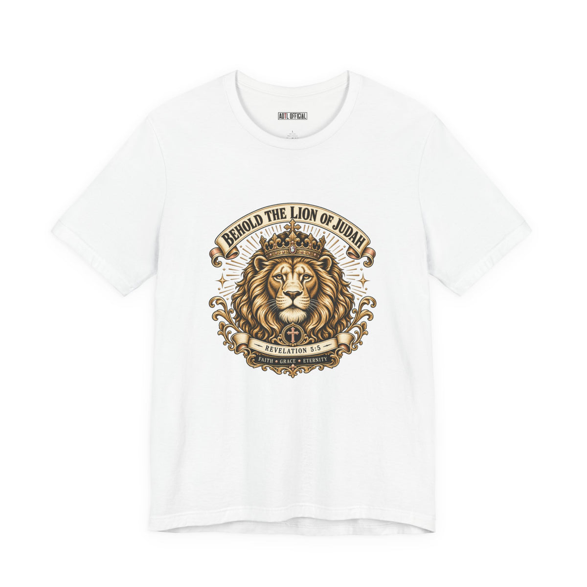 Shop the Behold the Lion of Judah — Revelation 5:5 Christian T-shirt.