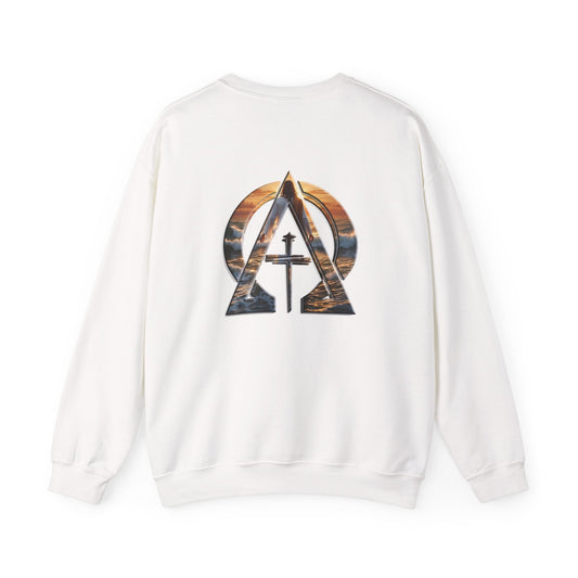 Declaring Your Destiny Blue & Gold Logo/ Alpha & Omega Jesus walking On Water Unisex Heavy Blend™ Crewneck Sweatshirt