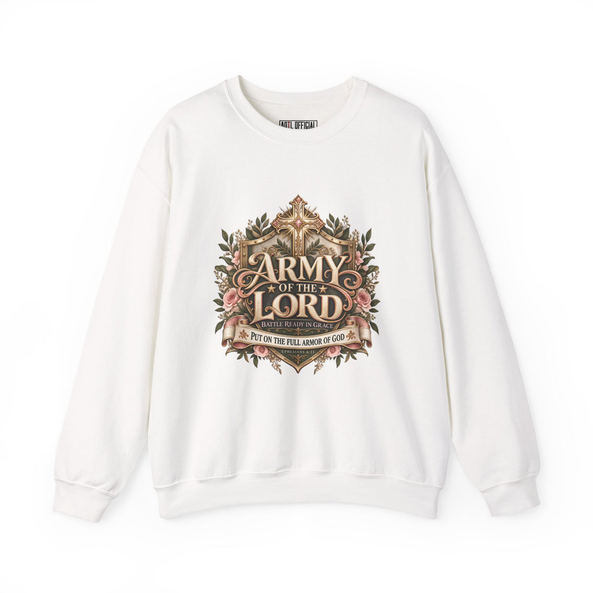 Army of the Lord Battle Ready in Grace Christian Sweatshirt. Soft pink roses meet an intricate gold cross in a design that pairs beauty with spiritual strength.