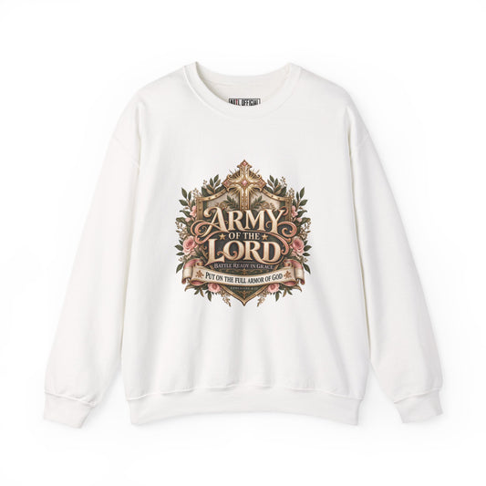 Army of the Lord Battle Ready in Grace Christian Sweatshirt. Soft pink roses meet an intricate gold cross in a design that pairs beauty with spiritual strength.