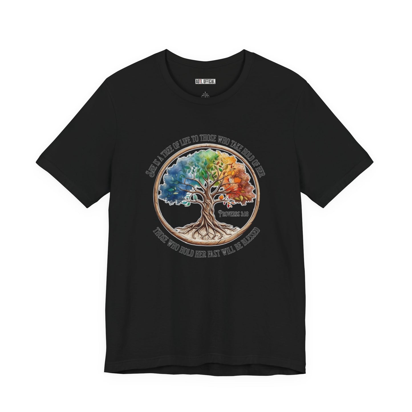 Colorful Tree Of Life featuring Proverbs 3:18  Unisex Short Sleeve Tee