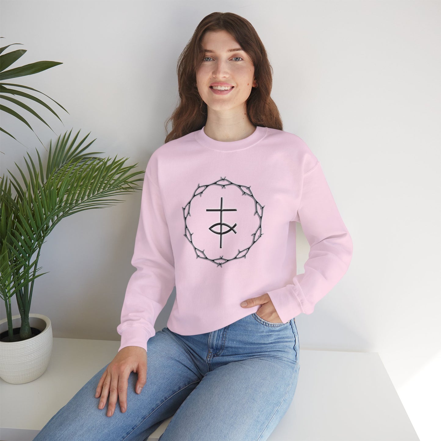 Circle of Thorns, Cross & Fish Unisex Heavy Blend™ Crewneck Sweatshirt