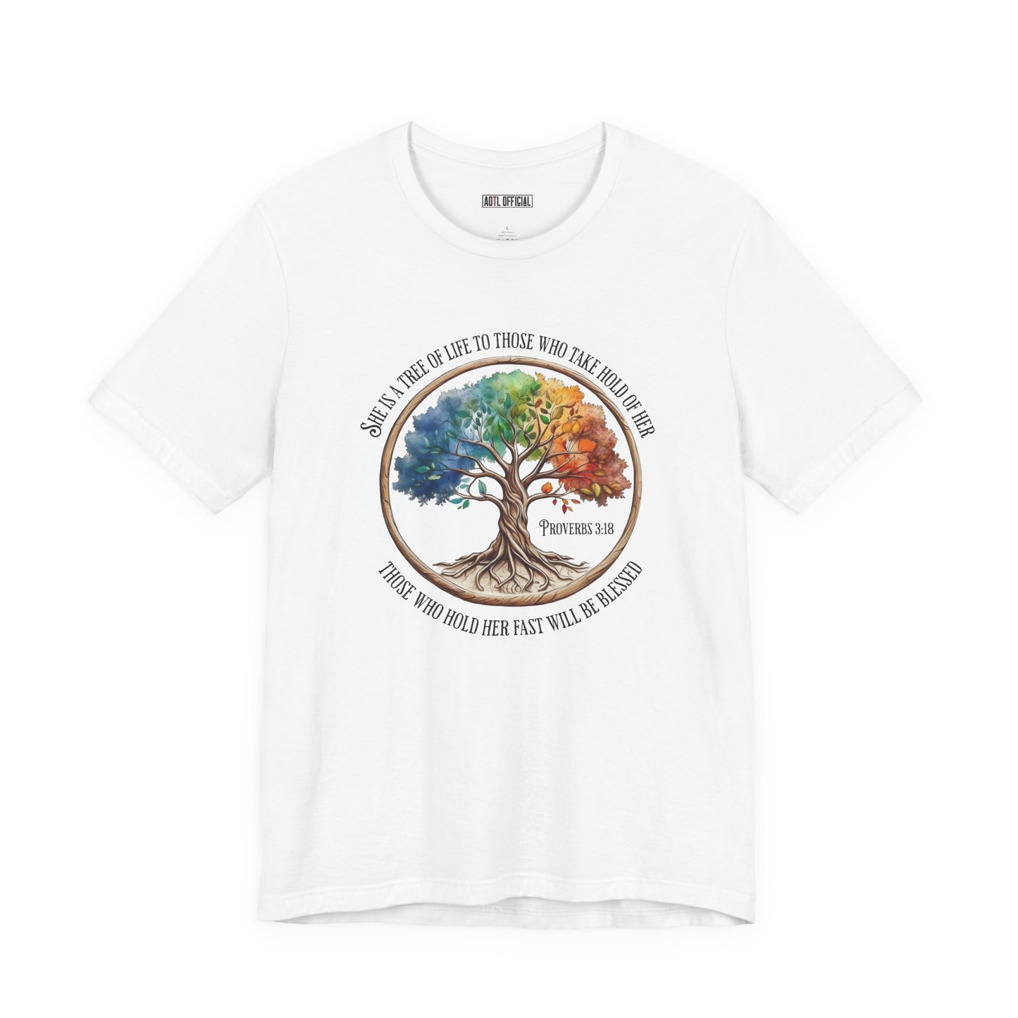 Colorful Tree Of Life featuring Proverbs 3:18  Unisex Short Sleeve Tee
