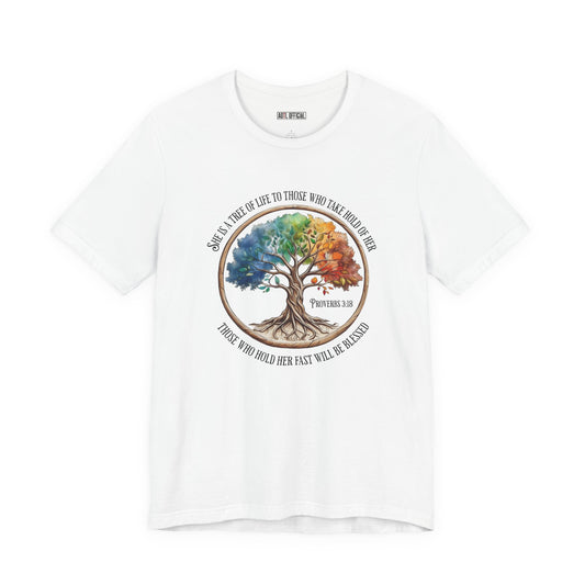 Colorful Tree Of Life featuring Proverbs 3:18  Unisex Short Sleeve Tee