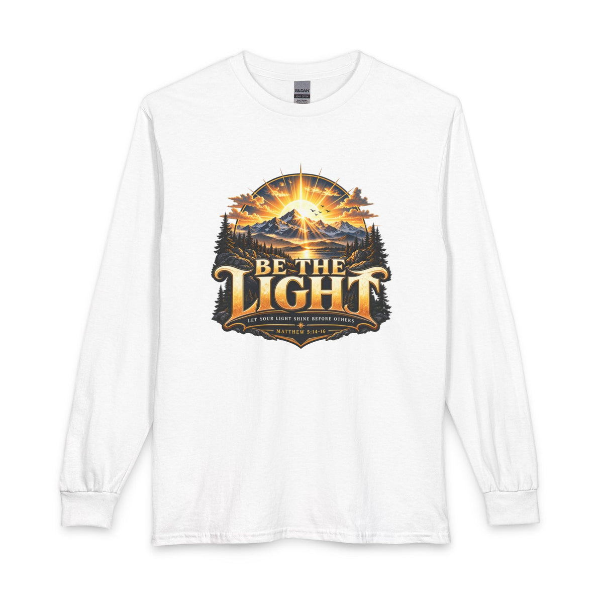 Be the Light – Matthew 5:14-16 Christian Mountain Design Long Sleeve Shirt, An uplifting faith-based design inspired by Matthew 5:14–16.