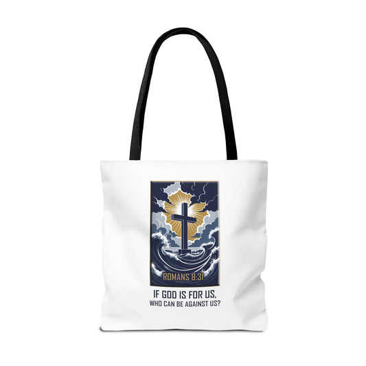 Declaring Your Destiny Blue and Gold logo/ Romans 8:31 Christian Tote bag