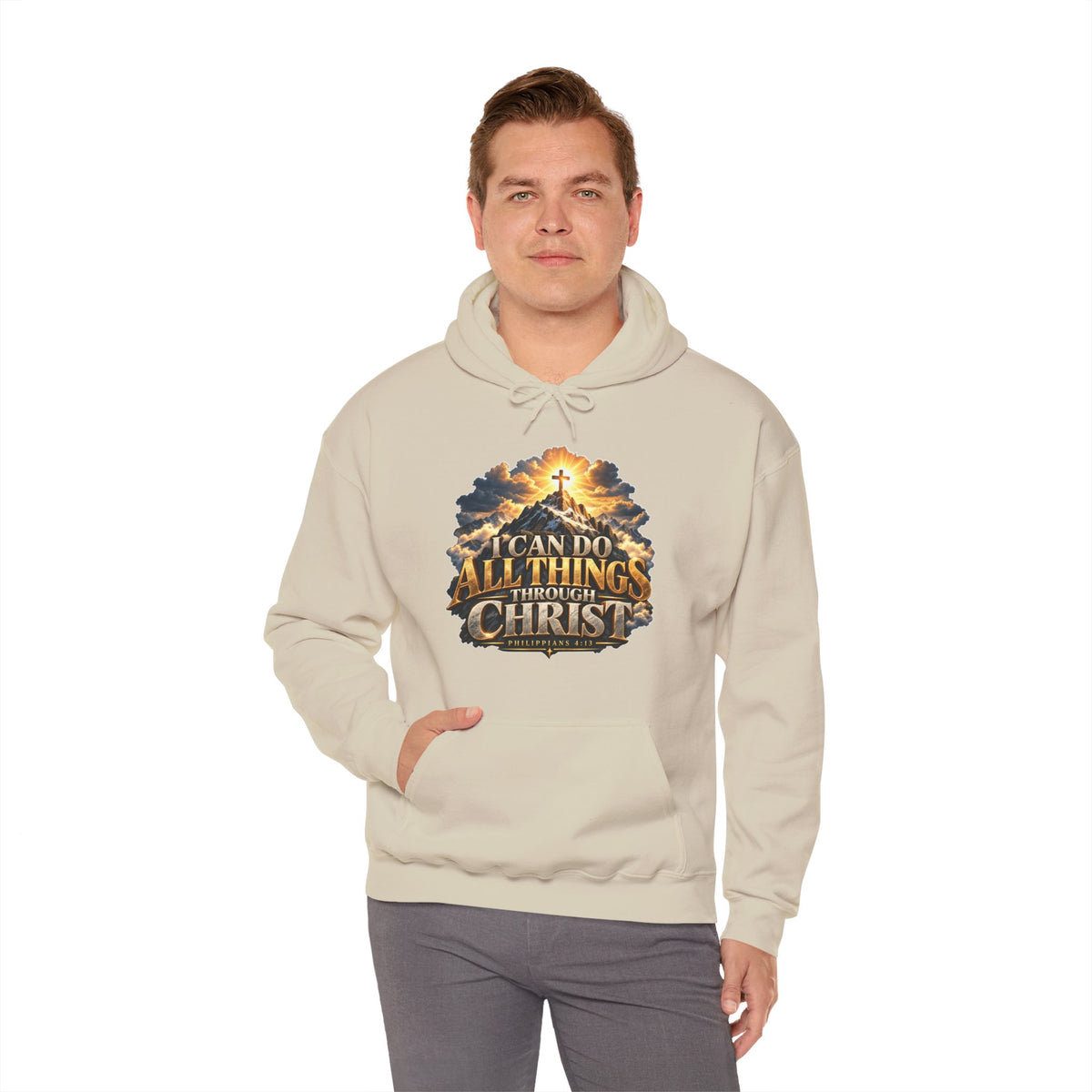 I Can Do All Things Through Christ – Philippians 4:13 Mountain Cross Design Christian Hoodie