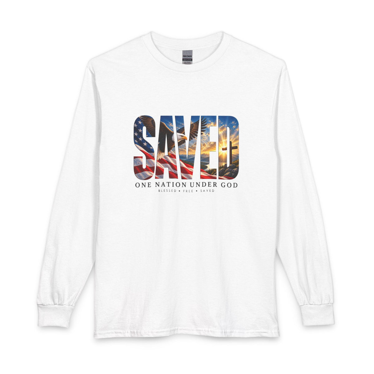 Shop the Saved-One Nation Under God Christian Long Sleeve Shirt. A bold statement of gratitude for a life blessed, free, and saved.