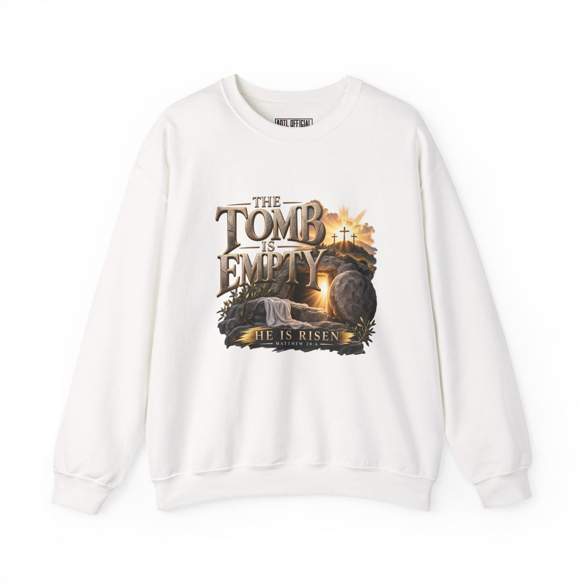 The Tomb Is Empty — Matthew 28:6 Christian  Sweatshirt, a celebration of the greatest victory in history: Jesus Christ is risen. 