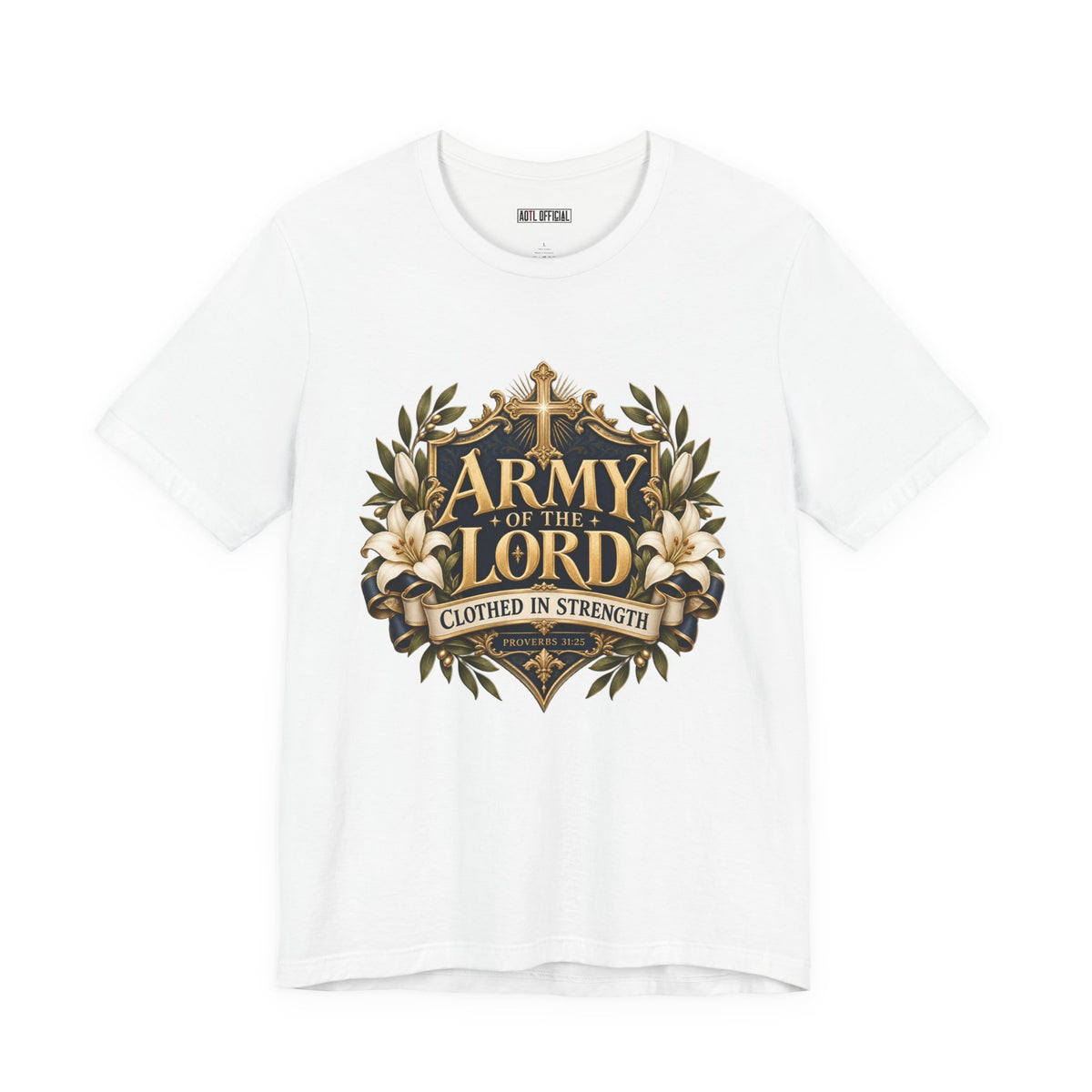Clothed in Strength Christian T-shirt. Inspired by Proverbs 31:25, this design is a reminder to walk with strength, dignity, and confidence in God. 
