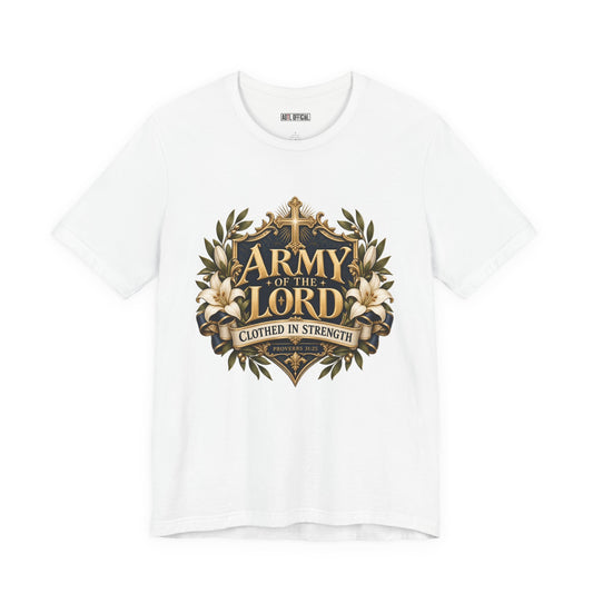 Clothed in Strength Christian T-shirt. Inspired by Proverbs 31:25, this design is a reminder to walk with strength, dignity, and confidence in God. 