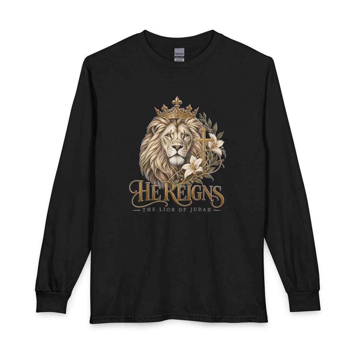 Lion of Judah — He Reigns Christian Long Sleeve Shirt