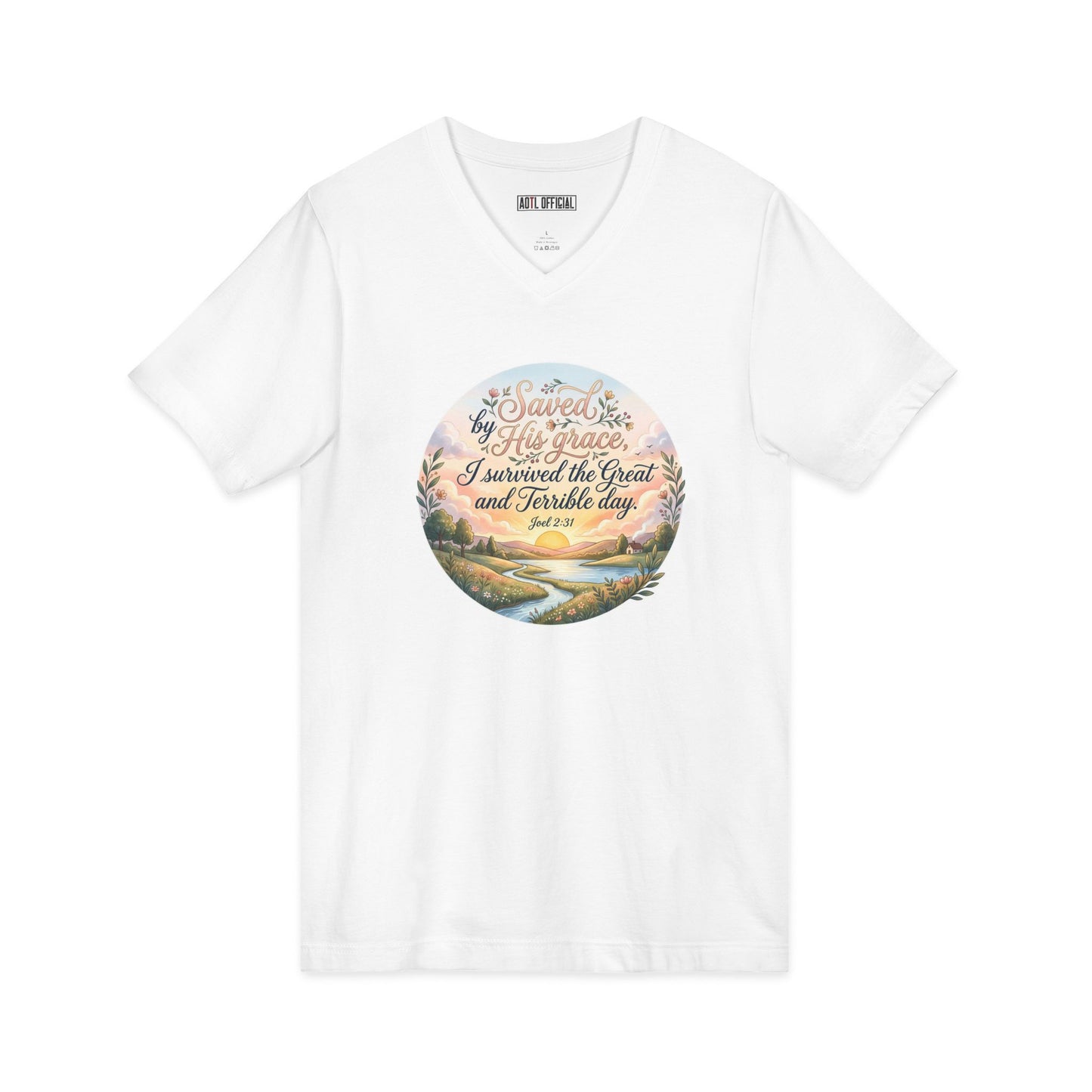 Dawn of Grace – I Survived the Great and Terrible Day (Joel 2:31) V-Neck Tee