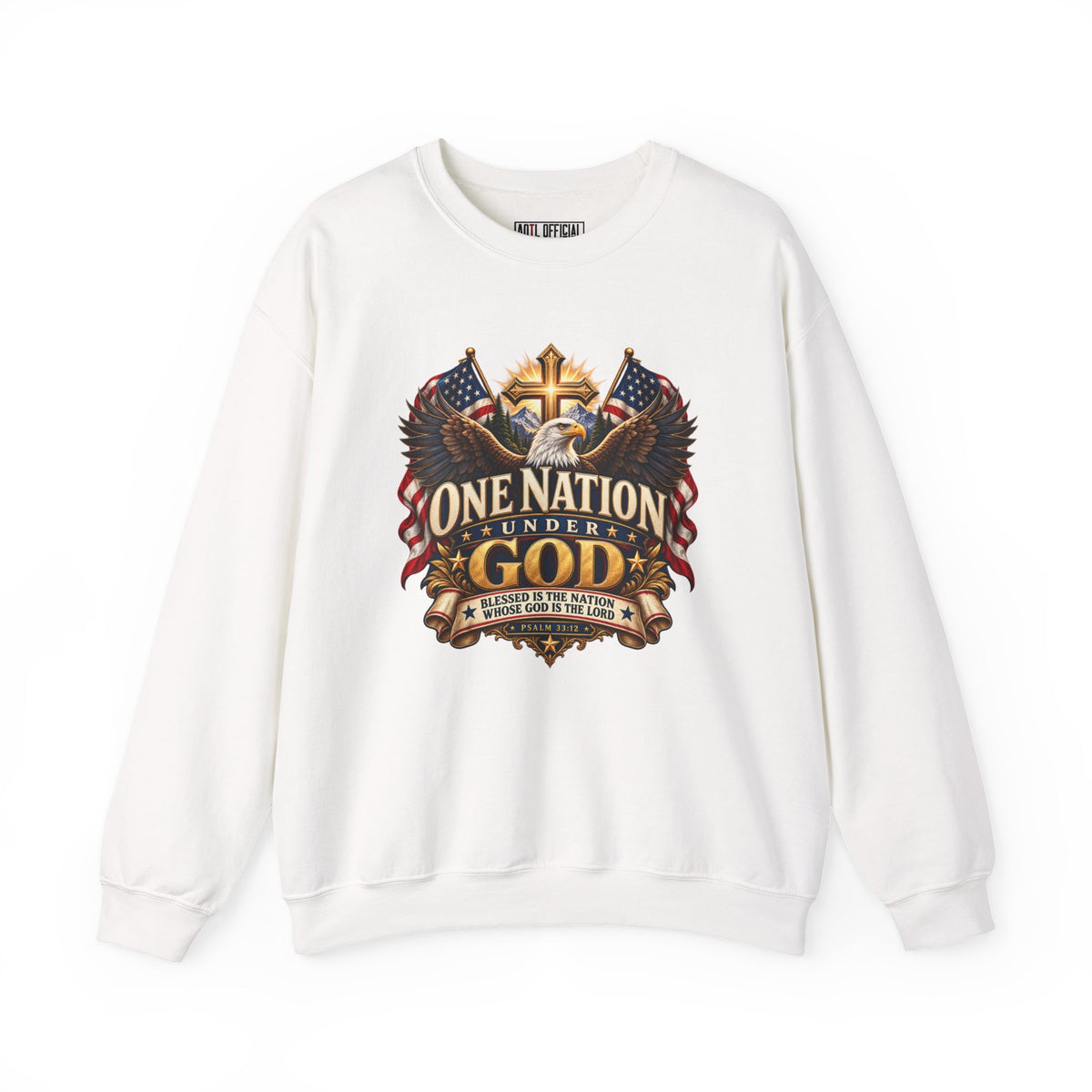 Shop the One Nation Under God Christian Sweatshirt. A powerful expression of faith and prayer for our nation, inspired by Psalm 33:12.