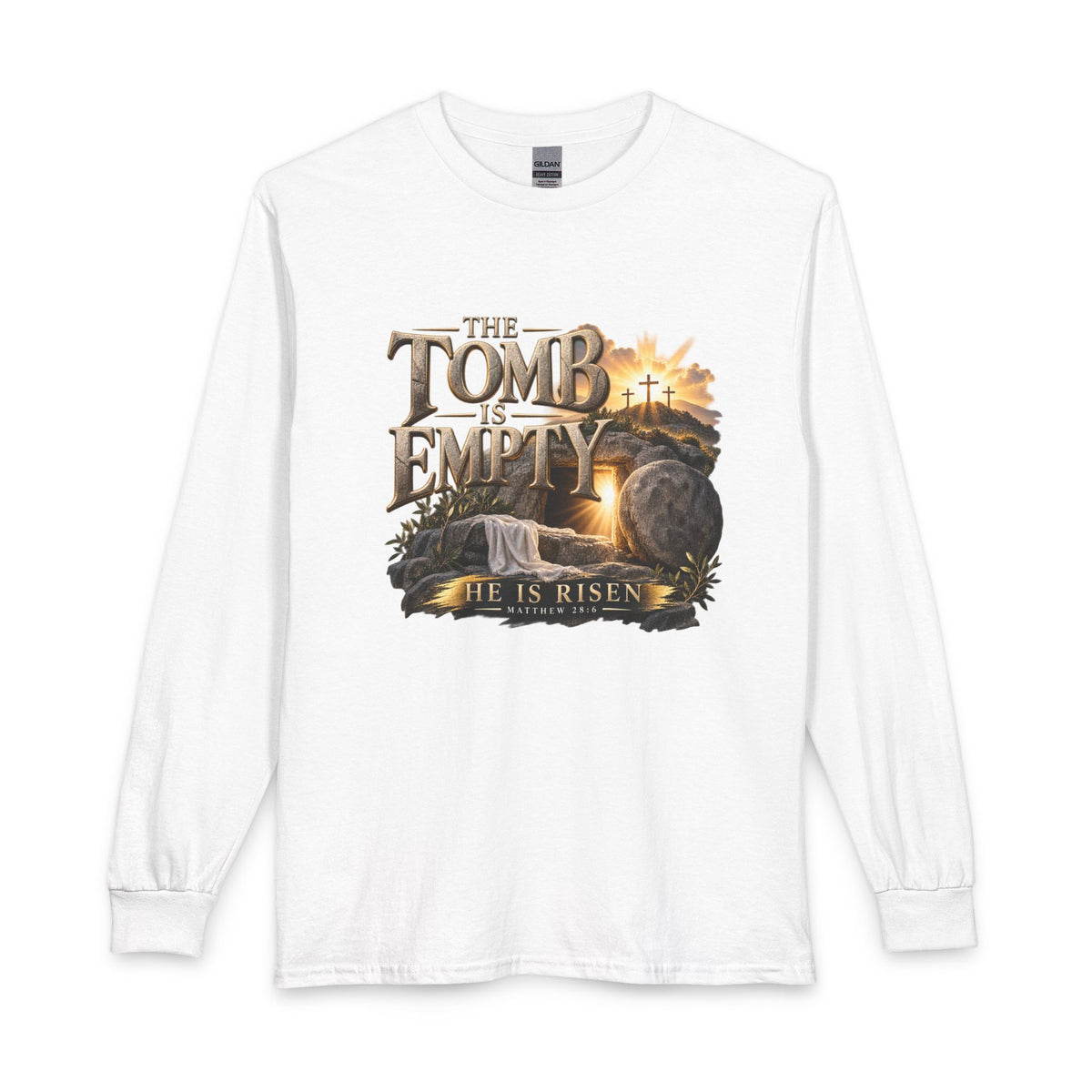 Shop The Tomb Is Empty — Matthew 28:6 Christian Long Sleeve Shirt. A celebration of the greatest victory in history: Jesus Christ is risen. 