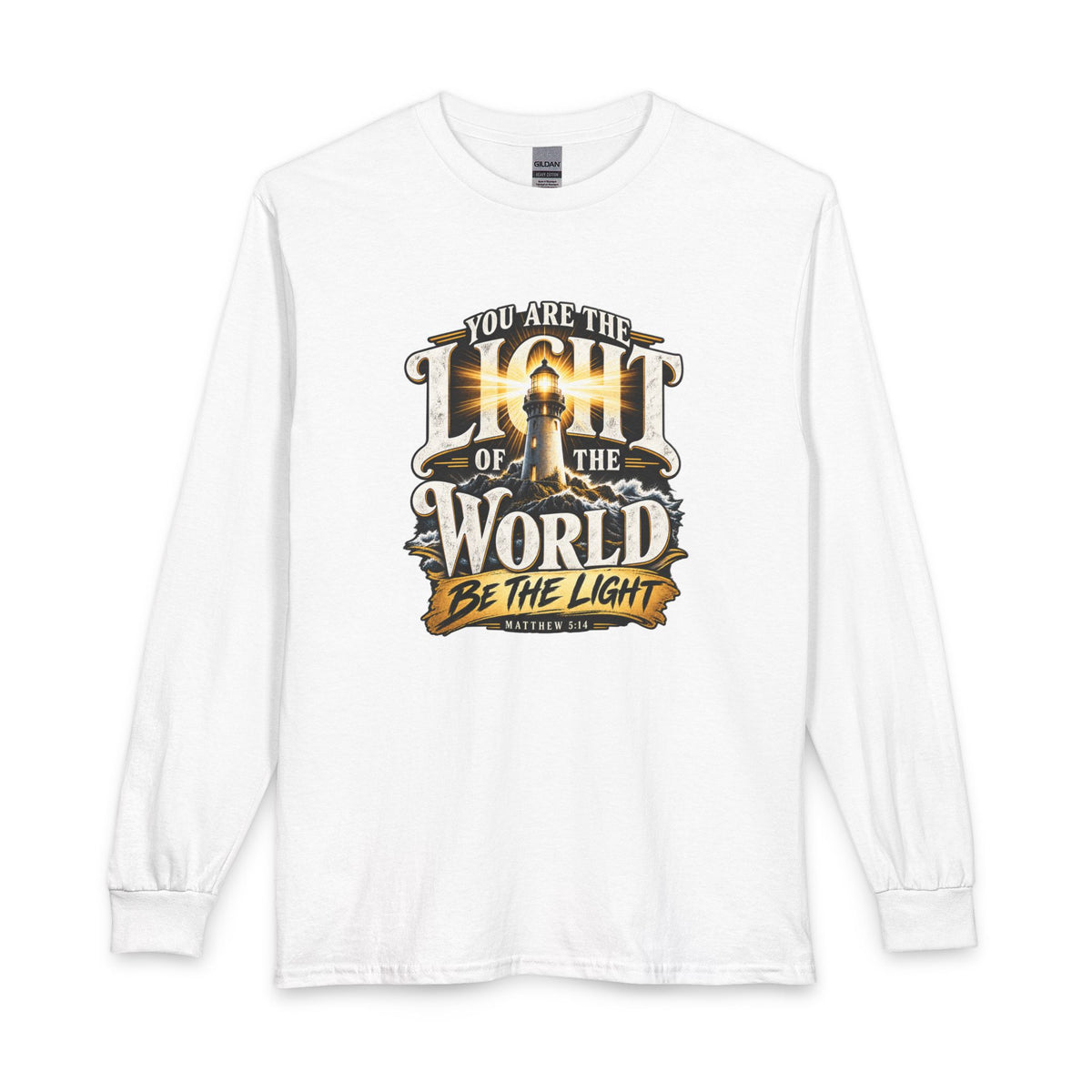 Shop the You Are the Light of the World – Lighthouse Design Christian Long Sleeve Shirt, a striking faith-inspired design inspired by Matthew 5:14.