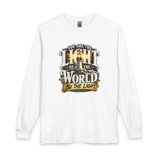 Shop the You Are the Light of the World – Lighthouse Design Christian Long Sleeve Shirt, a striking faith-inspired design inspired by Matthew 5:14.