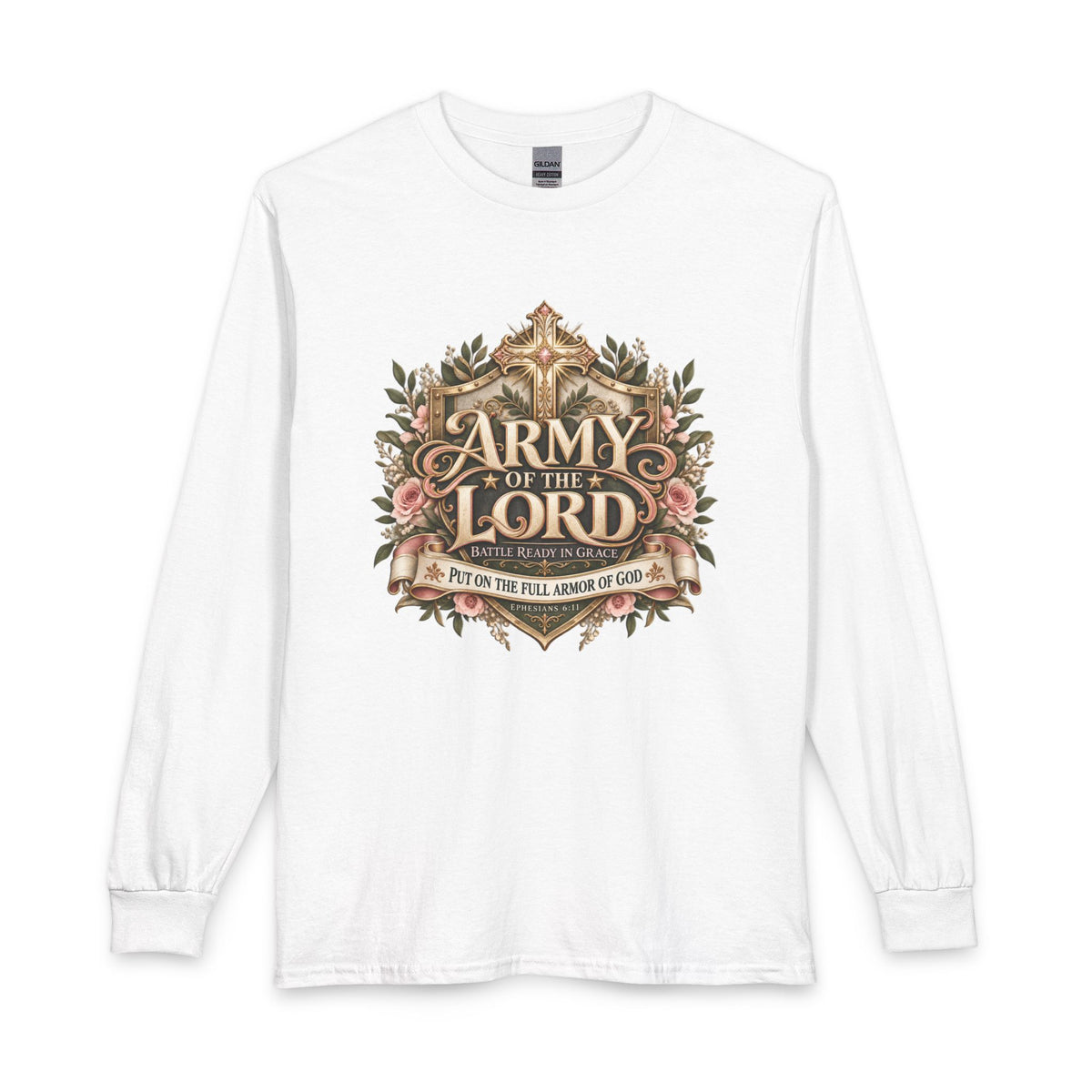 Army of the Lord — Battle Ready in Grace Christian Shirt. Soft pink roses meet an intricate gold cross in a design that pairs beauty with spiritual strength. 
