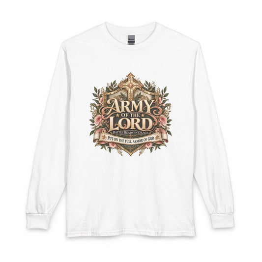 Army of the Lord — Battle Ready in Grace Christian Shirt. Soft pink roses meet an intricate gold cross in a design that pairs beauty with spiritual strength. 