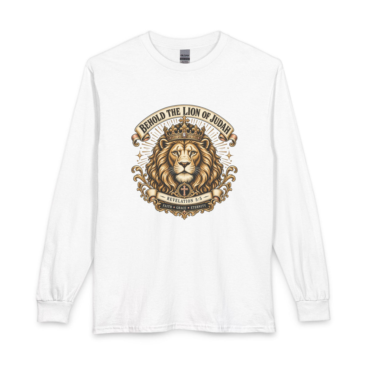 Behold the Lion of Judah — Revelation 5:5 Christian Long Sleeve Shirt. A powerful tribute to Jesus Christ, the conquering Lion of Judah and King of Kings. 