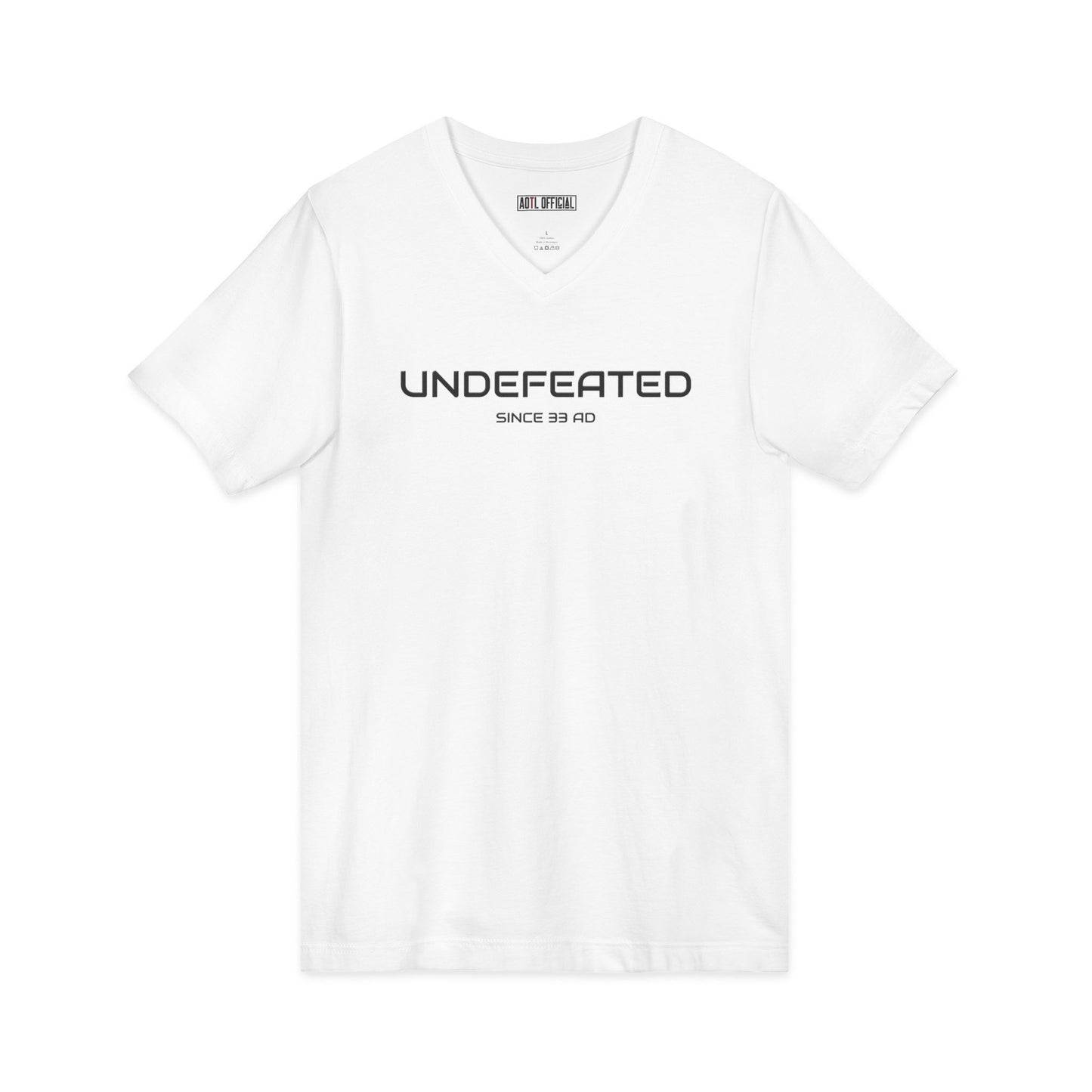 Undefeated Since 33 AD Christian V-neck t-shirt faith-inspired design
