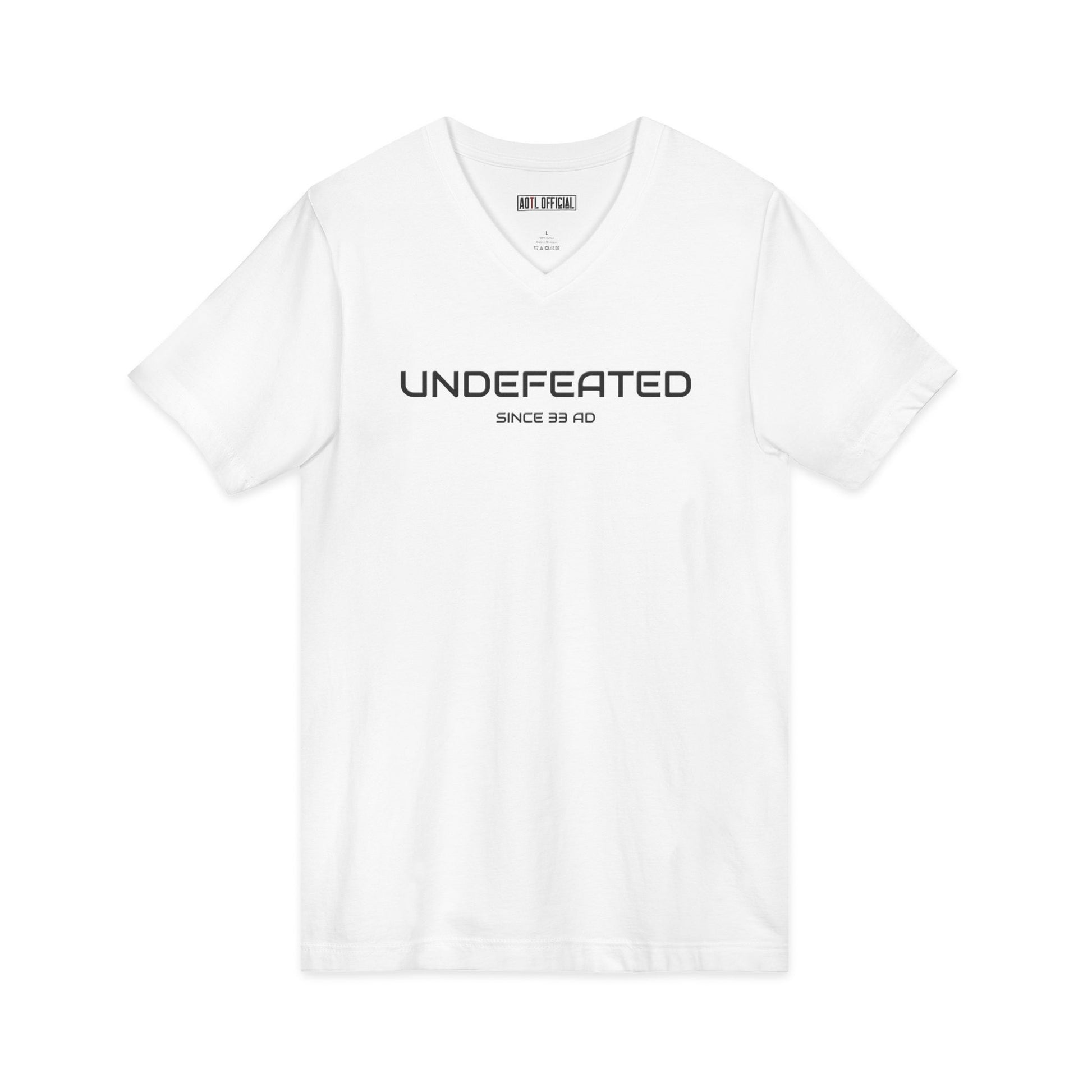 Undefeated Since 33 AD Christian V-neck t-shirt faith-inspired design
