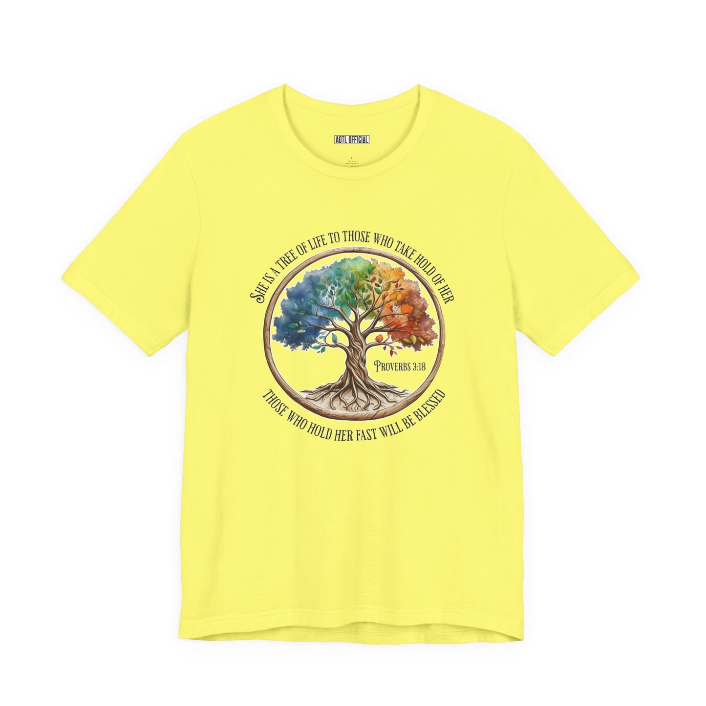 Colorful Tree Of Life featuring Proverbs 3:18  Unisex Short Sleeve Tee
