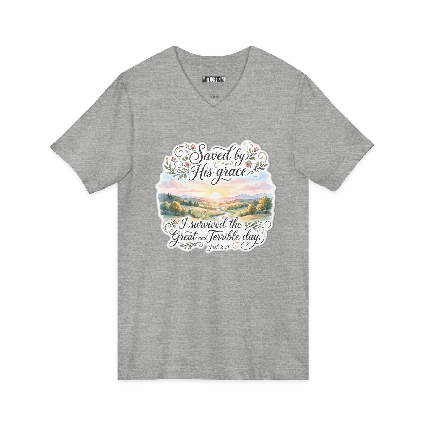 Grace Beyond the Horizon – I Survived the Great and Terrible Day (Joel 2:31) V-Neck Tee