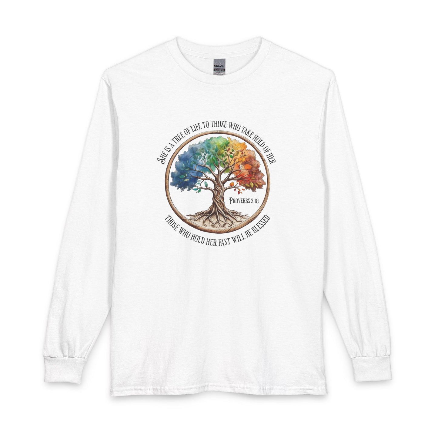 Colorful Tree Of Life featuring Proverbs 3:18 Christian Long Sleeve Shirt