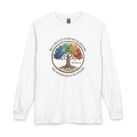 Colorful Tree Of Life featuring Proverbs 3:18 Christian Long Sleeve Shirt