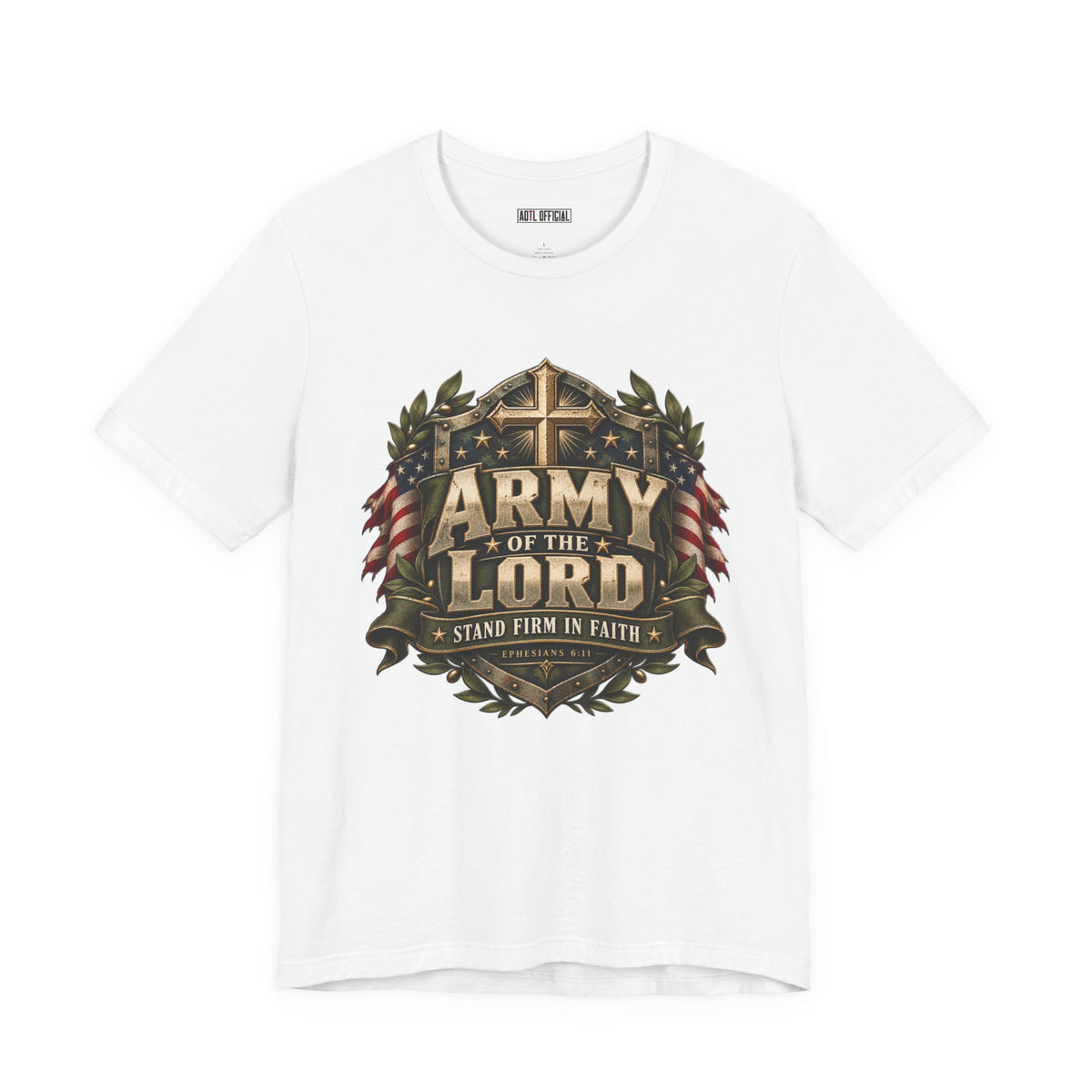 Army of the Lord — Stand Firm in Faith Christian T-shirt. Inspired by Ephesians 6:11, this design calls you to put on God’s armor and stand strong.